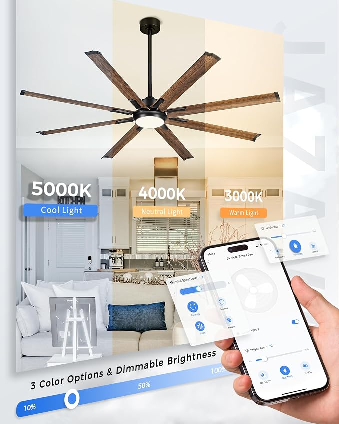 72 Inch Ceiling Fan with Light, Industrial Design with 8 Aluminum Blades, Smart Control Compatible with Alexa, Indoor Outdoor Garage Fan for Living Room Patio, Model ZCCF04WD-72
