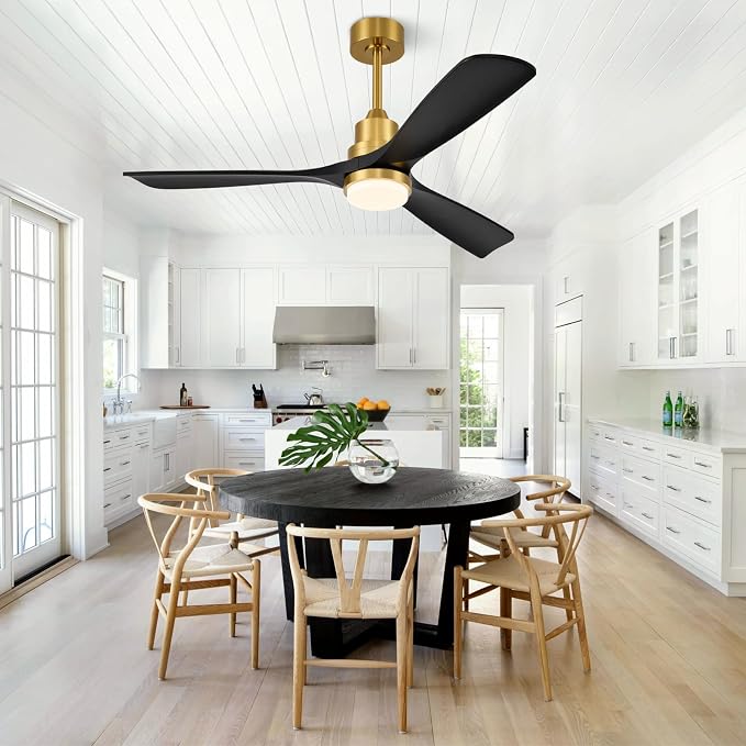 60 inch Smart Ceiling Fan with Lights,Outdoor Ceiling Fan 3 Wood Blades Compatible with Alexa/Gg Voice Control&App&Remote,Quiet DC Motor for Covered Patio Porch Bedroom,Black and Gold