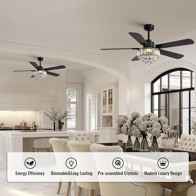Crystal Fandelier Ceiling Fan with Light,Chandelier Ceiling Fan with Remote and APP Control,Quiet Light for Bedroom, 3 Color Temperature, 52 Inch vintage ceiling fan With 6 Speeds