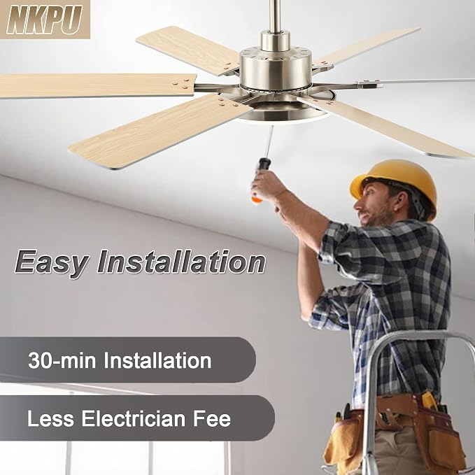 NKPU 56 Inch Ceiling Fans with Lights, Large Modern Nickel Ceiling Fan with Light and Remote Control, 6 Double Sided Blades, 6 Speed DC Motor, Dimmable LED, Silent Timing, Indoor Outdoor Patio Use