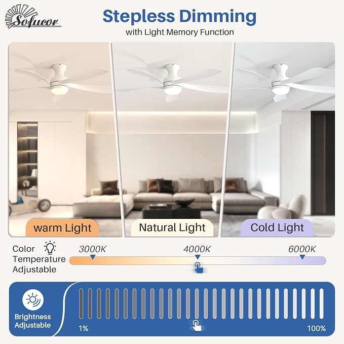 Sofucor Smart 52'' Low Profile Ceiling Fan with Lights and Remote, Flush Mount Ceiling Fan Work with APP/Alexa/Google for Modern Bedroom Living Room Patio, Dimmable LED Quiet Reversible DC Motor