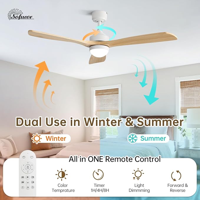 Sofucor 52" Solid Wood Ceiling Fan Lights, Flush Mount & Downrod Mount Ceiling Fan with Lights and Remote, Wood Blades Modern Outdoor Ceiling Fans for Bedroom/Farmhouse/Patio/Indoor