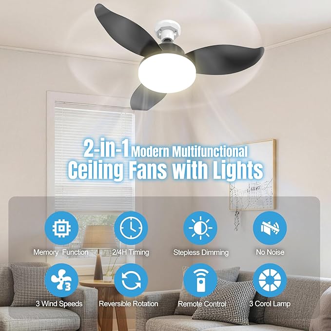 25" Socket Fan Light, Flower Shape 3000 Lumens Small Ceiling Fans with Lights and Remote, E26/E27 Light Bulb Fan with Reversible Motor, Dimmable 3000K-6500K for Bedroom Hallway Garage