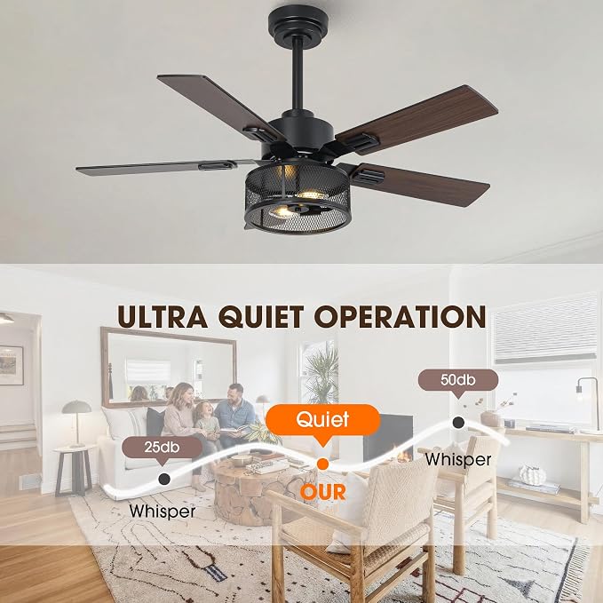 42" Farmhouse Ceiling Fan with Light and APP & Remote Control, 6-Speed Reversible Quiet DC Motor, Black Industrial Rustic Caged Ceiling Fan for Bedroom Apartment Patio, Timing Function
