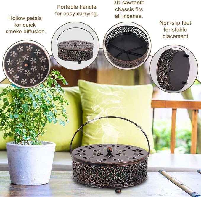 Portable Mosquito Coil Holder, hogardeck 6.3" Round Fireproof Metal Mosquito Incense Holder with Handle, Retro Hollow Incense Burner Yard Art for Garden, Lawn, Patio (Bronze, 2 Pack)