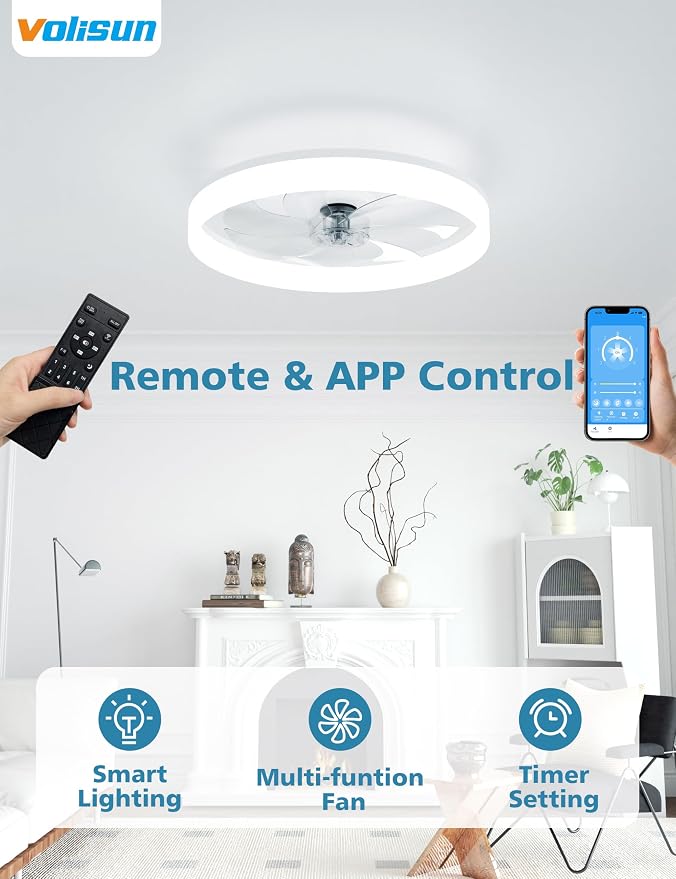 VOLISUN Low Profile Ceiling Fans with Lights and Remote, Ceiling Fan with Light Flush Mount, No Assembly, 3000K-6500K Dimmable, White Fandelier Ceilings Fans with Lights for Bedroom