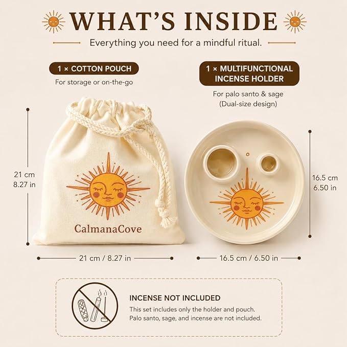Incense & Palo Santo Holder – 6.5'' Ceramic Sage Burner for Sticks, Bundles, Cones, Candle & Tealight with Ash Catcher – Jewelry Tray, Smudge Pot, Home Décor, Meditation Gift (Golden Sun)