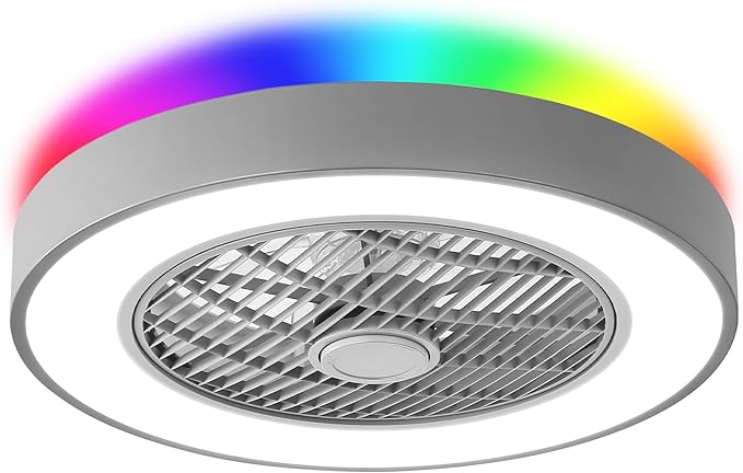 LEDIARY 20 Inch Low Profile Ceiling Fan with Light, Led Bladeless Ceiling Fan, Remote Control Enclosed Flush Mount Ceiling Fans with Timming, 3000-6000K, 6 Wind Speed, 3000LM, 57W-Grey RGB