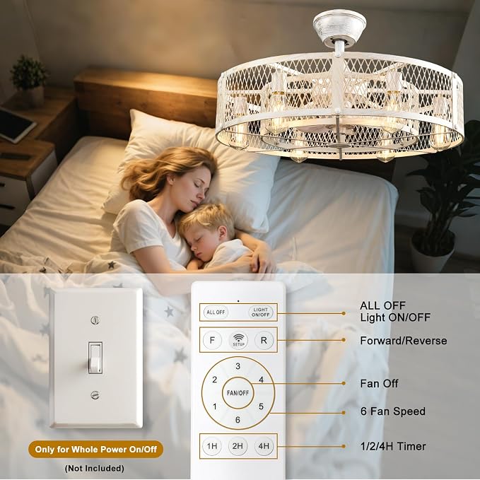 Depuley Cage Ceiling Fan with Light: Rustic Cement Caged Ceiling Fan Light Fixture - Flush Mount Ceiling Fans with Remote - 26 in Industrial Low Profile Fandelier for Kitchen Indoor Dining Room
