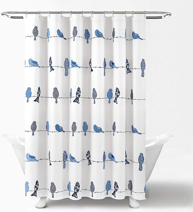 Lush Decor Rowley Birds Shower Curtain, 72” W x 72” L, Navy - Colorful Floral Bird Pattern - Whimsical & Playful Bird Shower Curtain - Farmhouse, Coastal, & Boho Bathroom Decor