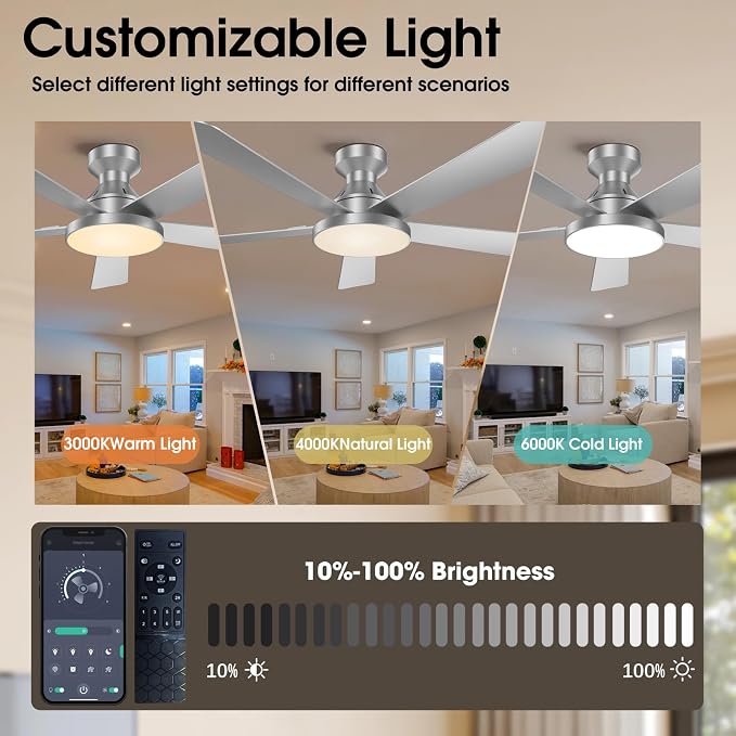 Ceiling Fans with Lights, 52 inch Low Profile Ceiling Fan with Light, Remote/App Control, Flush Mount Modern Ceiling Fan for Bedroom, Indoor/Outdoor (Silver)
