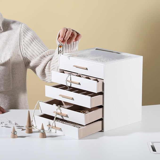 Frebeauty Jewelry Box for Women,Clear Lid Jewelry Organizer with 5 Drawers | Faux Leather,Velvet Lining,5-Layer Large Capacity,Jewelry Storage for Rings Earrings,Dustproof Design,Golden Stylish Handle