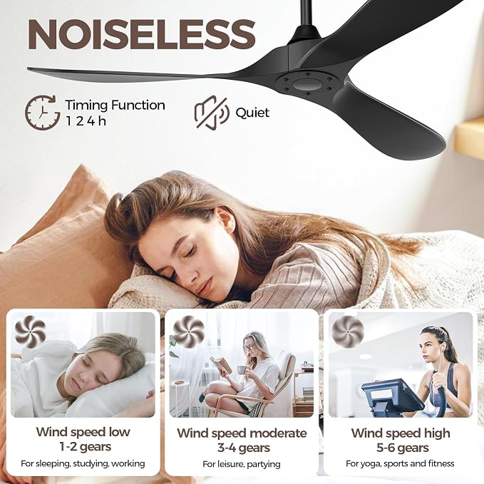 Obabala Black Outdoor Ceiling Fan, 52 in Ceiling Fans No Light with Remote Control, 3 Blades, 6 Speed Reversible DC Motor Modern for Patios, Living Room, Bedroom, Porch
