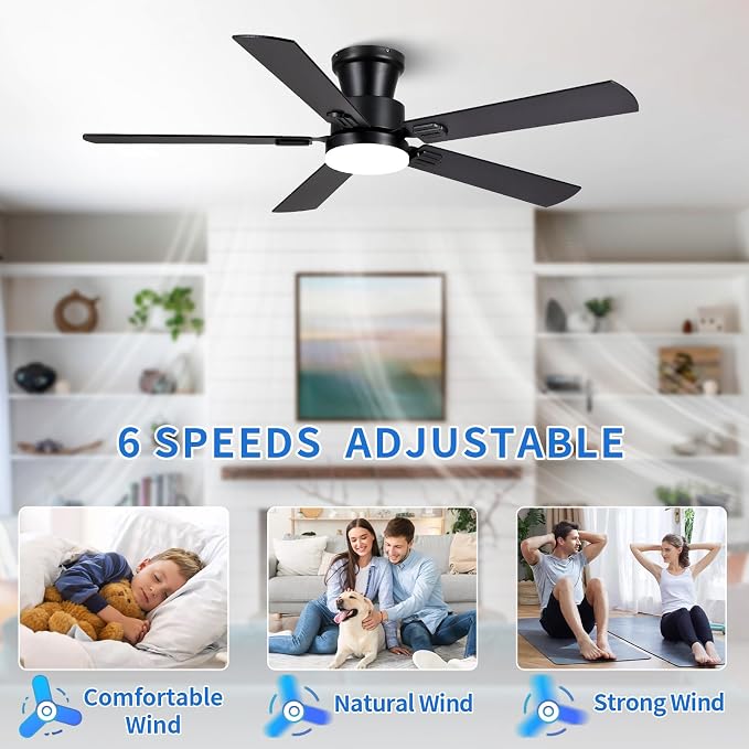 NKPU 52" Ceiling Fans with Lights, Low Profile Ceiling Fan with Light and Remote/APP Control, 6 Speed, Dimmable, Safe Quiet DC Motor, Black Flush Mount Ceiling Fan for Bedroom Indoor/Outdoor Use