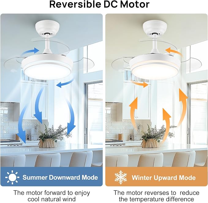 STERREN 30" Retractable Ceiling Fans with Lights, Dimmable LED Ceiling Fan Remote Control, Modern Small Fan Light for Bedroom Living Room Dinning Room Kitchen, 3000K-6500K, 6 Speed (White)