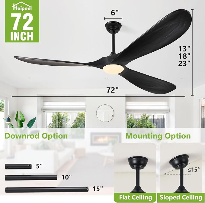 Haipeel 72 Inch Wood Ceiling Fans with Lights and Remote Control, Outdoor Ceiling Fan with Light Solid Wood Modern Black Large Ceiling Fans Propeller Indoor Patios Garage Bedroom High cfm, Matte Black