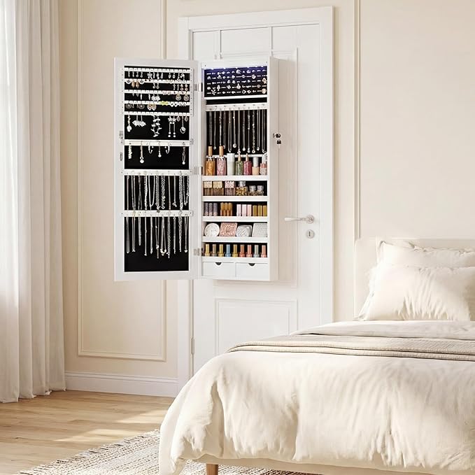 DUMOS 6 LEDs Mirror Jewelry Cabinet, Wall or Door Mounted Jewelry Organizer, 47.2-Inch Tall Lockable Large Capacity Cosmetic Storage, Gift Idea, White | Hanging Door or Wall Mounted Mirror, Lockable, Large Capacity Cosmetic Storage, 2 Drawers, Gift Ide...