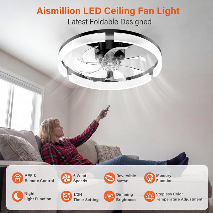 Ceiling Fans with Lights and Remote, 20'' Low Profile Ceiling Fan with APP Control, 3000K-6500K Dimmable, Quiet Reversible DC, Modern Flush Mount Fandelier for Bedroom (Black-Frosted)