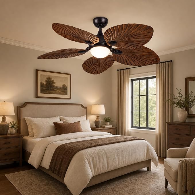 52" Modern Tropical Ceiling Fan with Light and Remote for Bedroom | LED Dimmable Tri-Color Temperature, 5 Blade Ceiling Fans Reversible, 6 Speeds w/Quiet DC Motor, living room, bedroom, kitchen