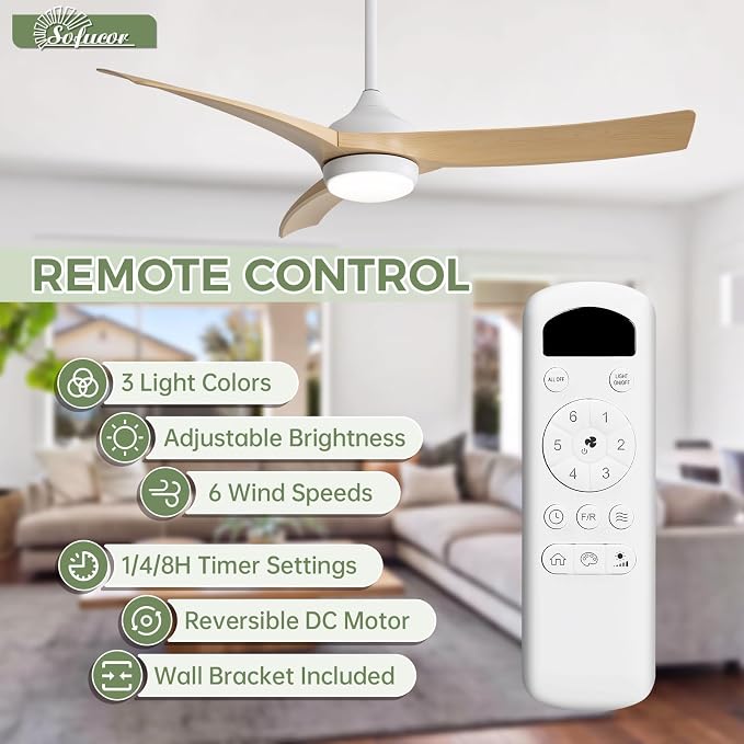 Sofucor 52 Inch Ceiling Fan with Light, Outdoor Modern Ceiling Fan with Lights Remote Control, Airflow 6000CFM 3 CCT Dimmable 3-Timer ABS 3 Blades Reversible DC Motor for Living Room Bedroom Patio