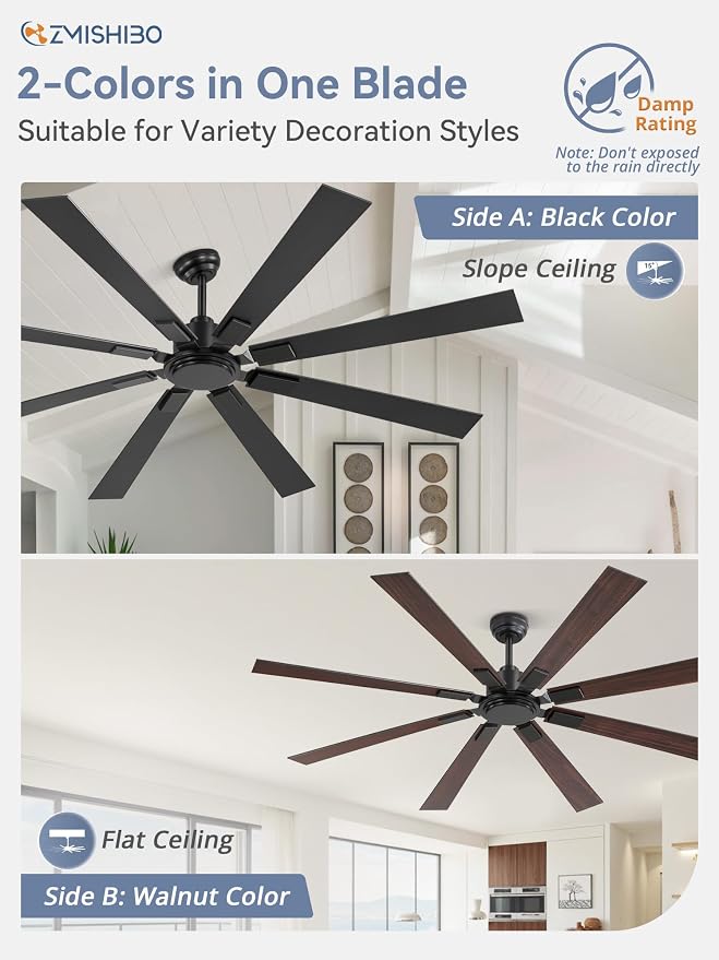72 Inch Ceiling Fan No Light with Remote, Black Large Ceiling Fan Without Light with Quiet Reversible DC Motor, 6-Speeds, 8 Blades, Indoor/Outdoor Modern Ceiling Fans for Patios, Living Room, Garage