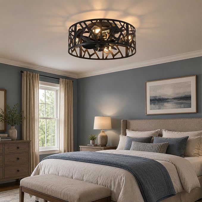 18 inch Caged Ceiling Fan with Light Vintage Black,Flush Mount Fandelier Ceiling Fan with Lights and Remote,Farmhouse Ceiling Fans for Bedroom, Kitchen, Living Room