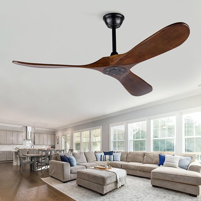Ceiling Fans without Lights, 52 Inch Wood Ceiling Fan no Light with Remote,Outdoor Ceiling Fan for Living Room,Patio, Porch,6 Speed, Quiet DC Motor(Deep Walnut Blades)