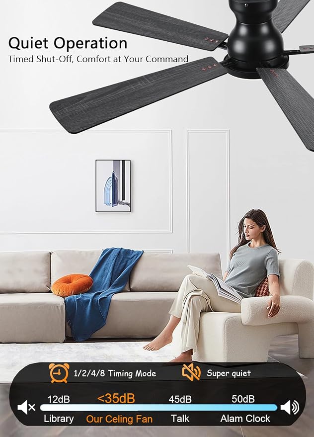 JSAITEE Ceiling Fans with Lights, 52Inch Low Profile Ceiling Fan with Light and Remote/App Control, Modern Flush Mount Black Ceiling Fan, 3CCT Dimmable, Reversible DC Motor, for Living Room,Bedroom
