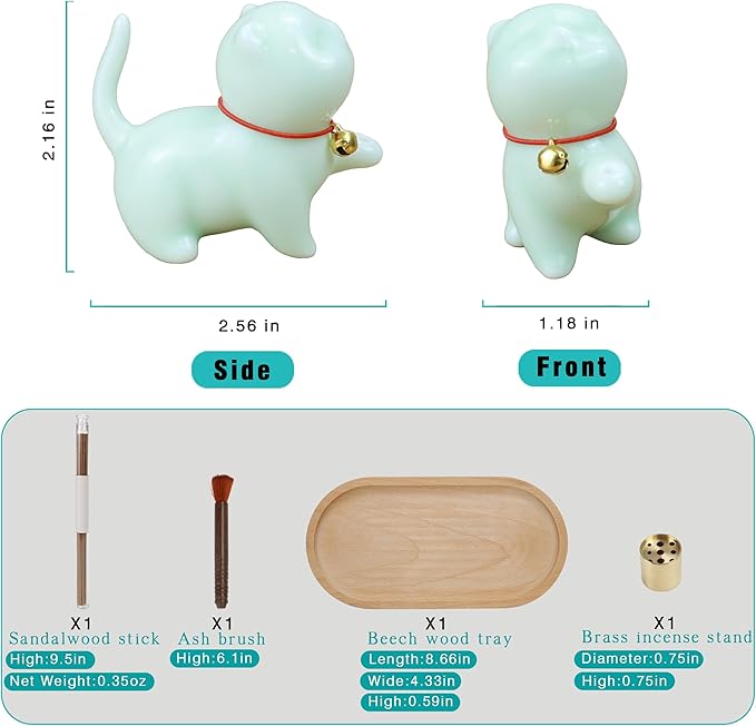 Cute Ceramic Cat Incense Stick Holder, Incense Burner Set, Large Beechwood Ash Catcher Copper Incense Stand Incense Sticks Brush, Meditation Yoga Massage Work Read Home Decor (A, B-Green)