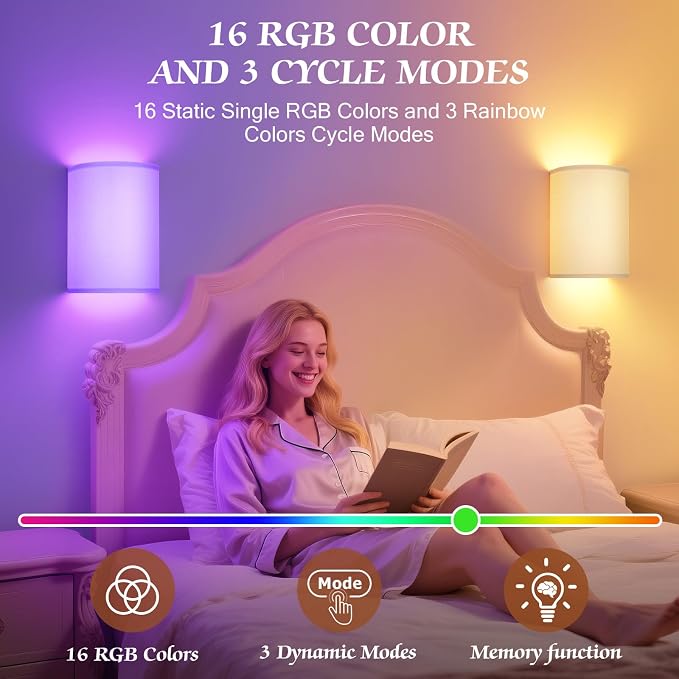 OCATO Battery Operated Wall Sconce: Wireless Wall Sconces Set of Two Battery Operated Magnetic Lamp Rechargeable Lights Dimmable with 16 RGB Colors with Remote Walls Decor for Bedroom Living Room