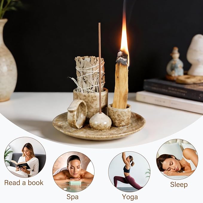 Tnstbiee 4.1-Inch 5-in-1 Ceramic Smudge Bowl-Versatile Incense Stick Holder and Smudging Dish for Palo Santo and Sage–Ideal for Zen Altar, Meditation,Yoga, and Aromatherapy–Easy to Clean Brown Design