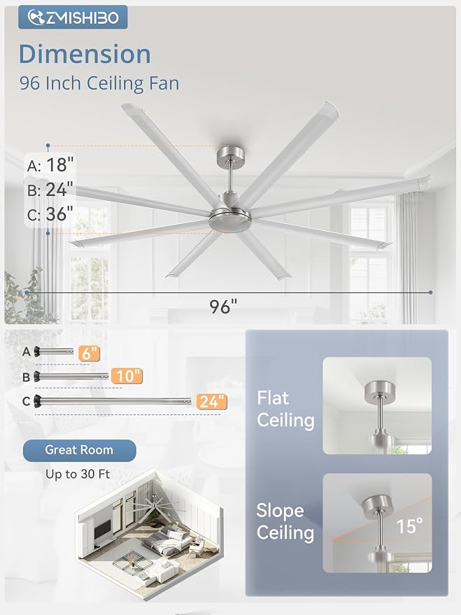 ZMISHIBO 96" Large Industrial Ceiling Fans No light with Aluminum 8 Blades, Commercial HVLS Ceiling Fan without Light,Quiet DC Motor,6 Speeds, Indoor Outdoor Ceiling Fan for Patio, Garage Shop, Nickel