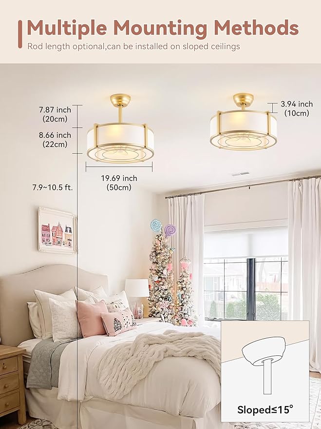 20" Gold Fandelier Ceiling Fans with Lights, Boho Rattan Ceiling Fan with Light Remote Control, Caged Mid-Century Modern with 6 Speeds for Bedroom, Nursery, Living Room