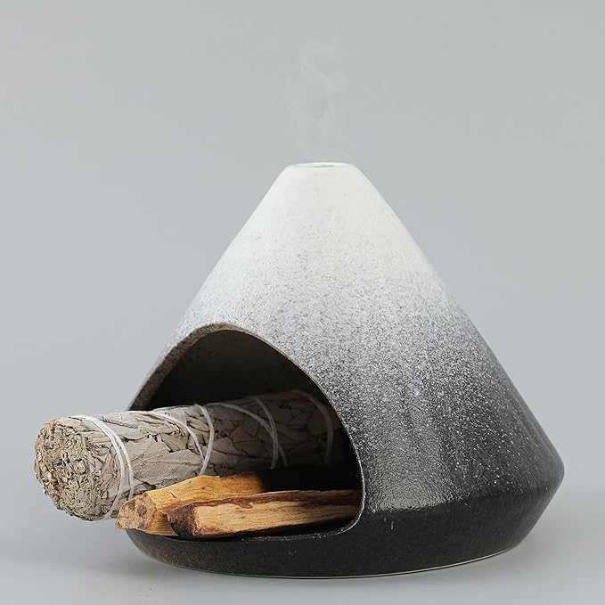 Chiminea Palo Santo Holder Sage Burner, Ceramic Incense Holder for Burning Sage Smudge Sticks and Palo Santo, Smudge Bowl for Yoga, Meditation, and Energy Cleansing (Black)