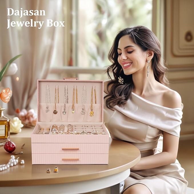 Dajasan Jewelry Box Organizer, 3-Tier Jewelry Storage Organizer with 2 Drawers, Large Jewelry Box for Girls Women, PU Leather Surface with Texture, Gift Idea, Modern Style (Pink)