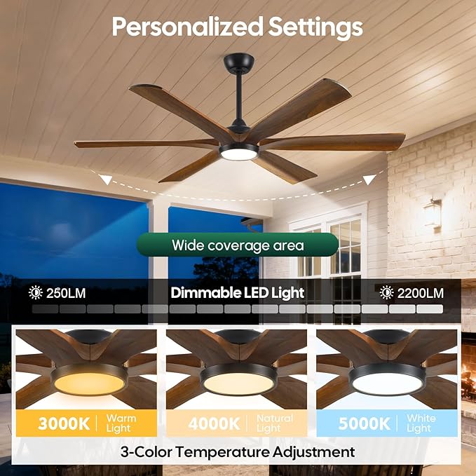 60 Inch Ceiling Fan with Light and Remote, Rustic Farmhouse Style, 6 Brown Solid Wood Blades, ETL Listed Quiet DC Motor, High 8268 CFM, for Indoor Living Room, Damp Rated for Covered Outdoor Patio