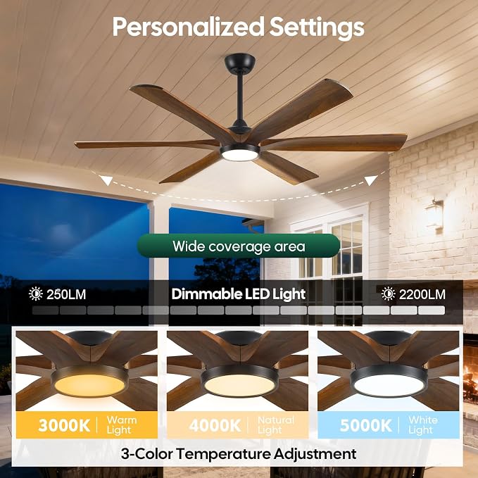 72 Inch Ceiling Fan with Lights and Remote, Modern Farmhouse Style, High CFM Quiet Energy Efficient DC Motor, 6 Solid Wood Blades, Damp Rated for Covered Outdoor Patio Porch & Indoor Large Living Room