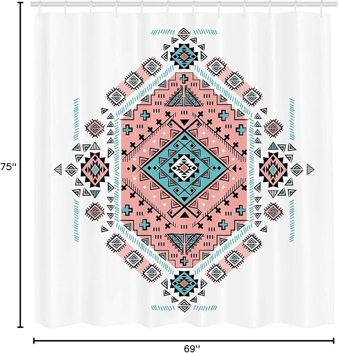Ambesonne Tribal Shower Curtain, Mexican Symmetrical Design 4 Corner Art Pattern, Cloth Fabric Bathroom Decor Set with Hooks, 69" W x 75" L, Teal and Coral Pink