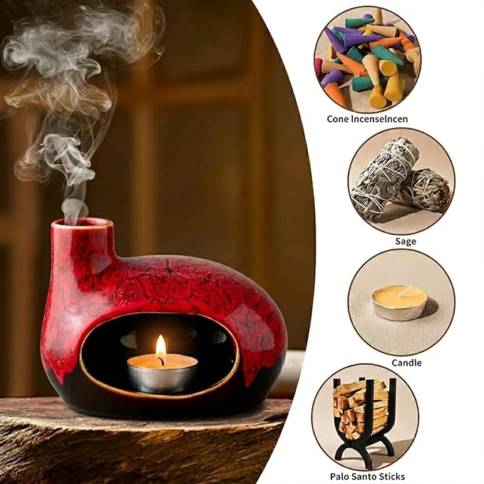 Handcrafted Ceramic Palo Santo Holder – Artistic Incense Burner for Meditation, Mindfulness and Zen Home Decor – Wabi-Sabi Style Cone Sculpture, Gift for Yoga, Relaxation & Aromatherapy (Red)