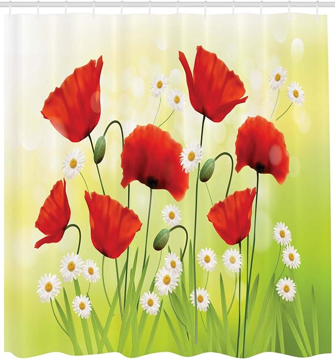 Ambesonne Poppy Flower Shower Curtain, Spring Environment with Poppies and Daisies on Grass Flourishing Nature, Cloth Fabric Bathroom Decor Set with Hooks, 69" W x 75" L, Red Green