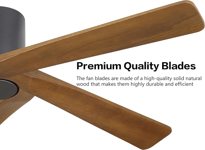 WINGBO 54 Inch Flush Mount DC Ceiling Fan without Lights, 5 Reversible Carved Wood Blades, 6-Speed Noiseless DC Motor, Hugger Ceiling Fan No Lights in Matte Black Finish with Walnut Blades, ETL Listed