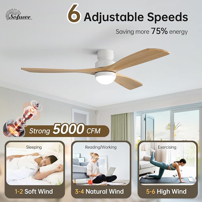 Sofucor 52" Smart Wood Ceiling Fans Lights, Flush Mount & Downrod Mount, 3 Wood Blades Modern Outdoor Ceiling Fans with Alexa/Google Assistant/APP/Remote Control for Bedroom, Farmhouse, Patio, Indoor