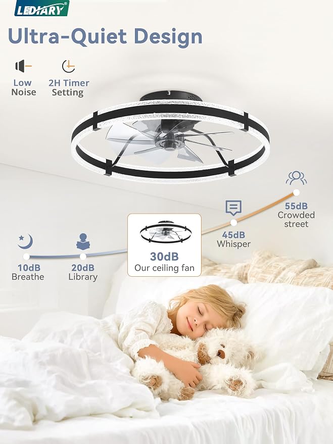 LEDIARY Ceiling Fans with Lights and Remote, 24'' Low Profile Ceiling Fan with Light, 3000-6000K Dimmable Fandelier Ceiling Fans, Modern Flush Mount Fan Light for Bedroom with 6 Wind Speeds- Black