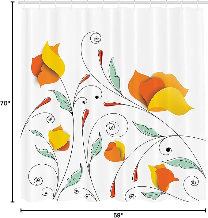 Ambesonne Floral Shower Curtain, Bouquet with Swirled Branches Romantic Paper Flowers Origami Autumn Blooms Image, Cloth Fabric Bathroom Decor Set with Hooks, 69" W x 70" L, Mint Orange