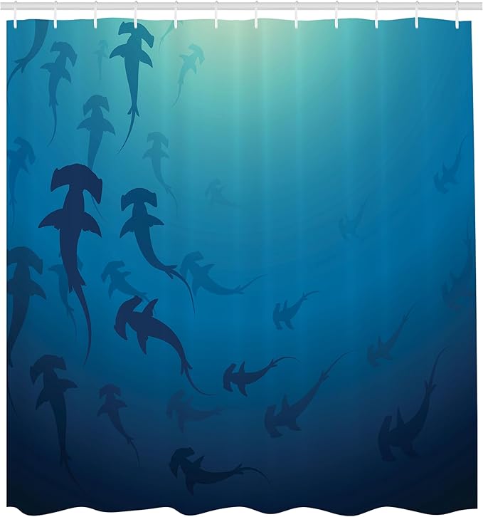 Ambesonne Sea Animals Shower Curtain, Hammerhead Shark Scan Ocean Dangerous Predator Wild Nature Illustration, Cloth Fabric Bathroom Decor Set with Hooks, 69" W x 70" L, Navy Blue