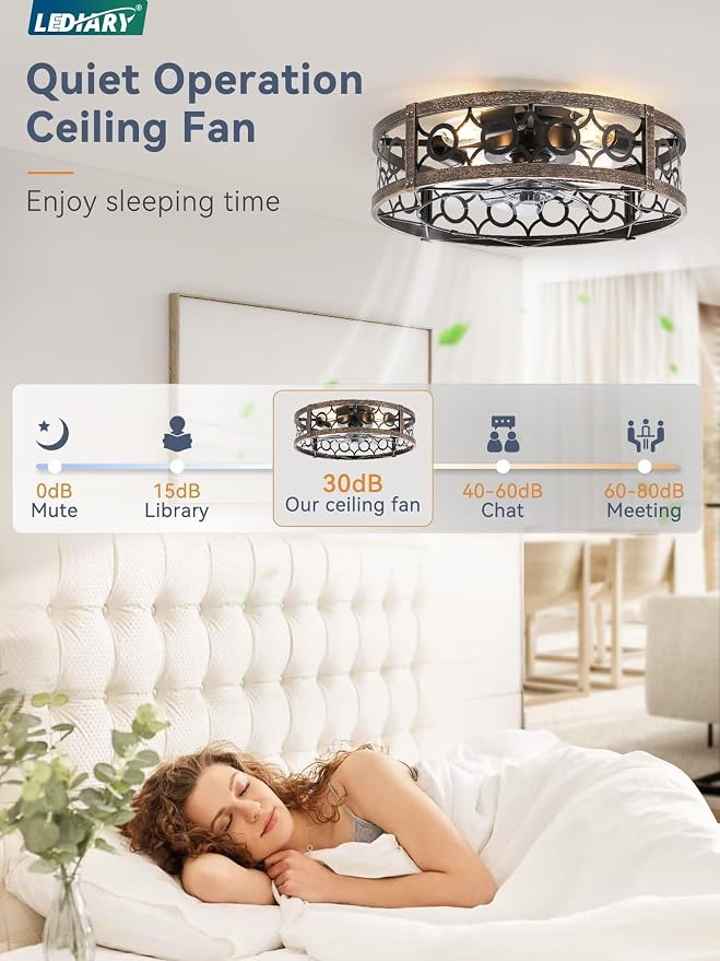 LEDIARY Caged Flush Mount Ceiling Fans with Lights, 20 Inch Farmhouse Low Profile Ceiling Fan with Remote, Small Bladeless Fan Lights Ceiling Fixtures for Bedroom, Kitchen- Black and Gold