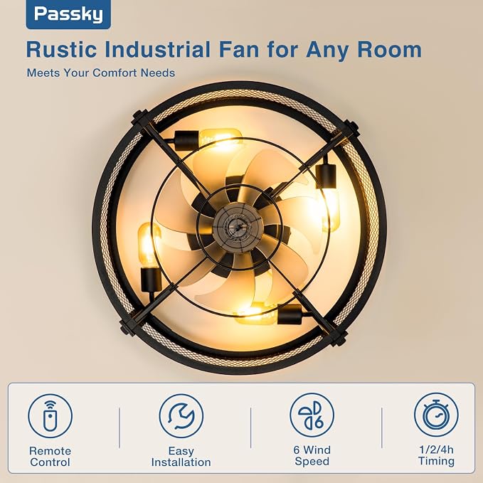 Passky 20" Farmhouse Flush Mount Ceiling Fans with Lights and Remote, Industrial Black Caged Low Profile Fandelier, 6 Speeds Bladeless Ceiling Fan for Bedroom, Kitchen, Living Room