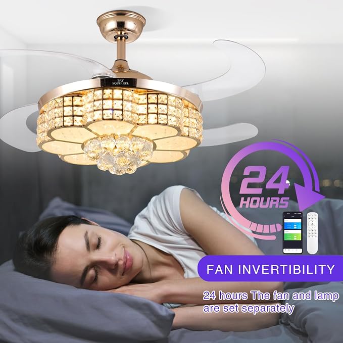 BAYSQUIRREL Retractable Crystal Ceiling Fan with Light, Bluetooth Ceiling Fan with Speaker, RGB-LED Light 6 Speed Reversible Low Profile Modern Invisible Ceiling Fan,Remote and APP Control
