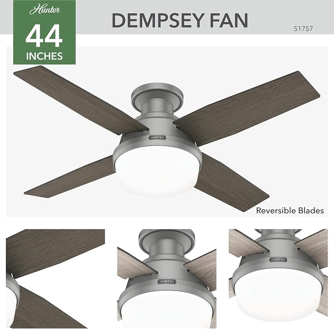 Hunter 44 inch Indoor Ceiling Fan with LED Light and Remote Control - Modern Ceiling Fan, Low Profile Mount, 4 Blades, For Bedroom, Living Room, or Kitchen, Quiet - Dempsey 51757, Matte Silver