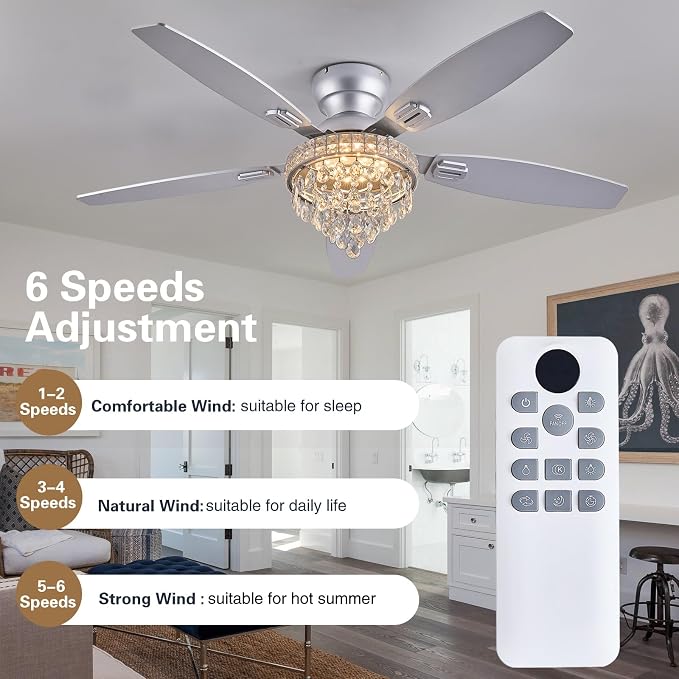 Crystal Ceiling Fan Fandelier with Lights-Ceiling Fans with Lights,54" Low Profile and Remote Control, Flush Mount, Reversible, Dimmable, Noiseless, Sliver Ceiling Fan for Bedroom